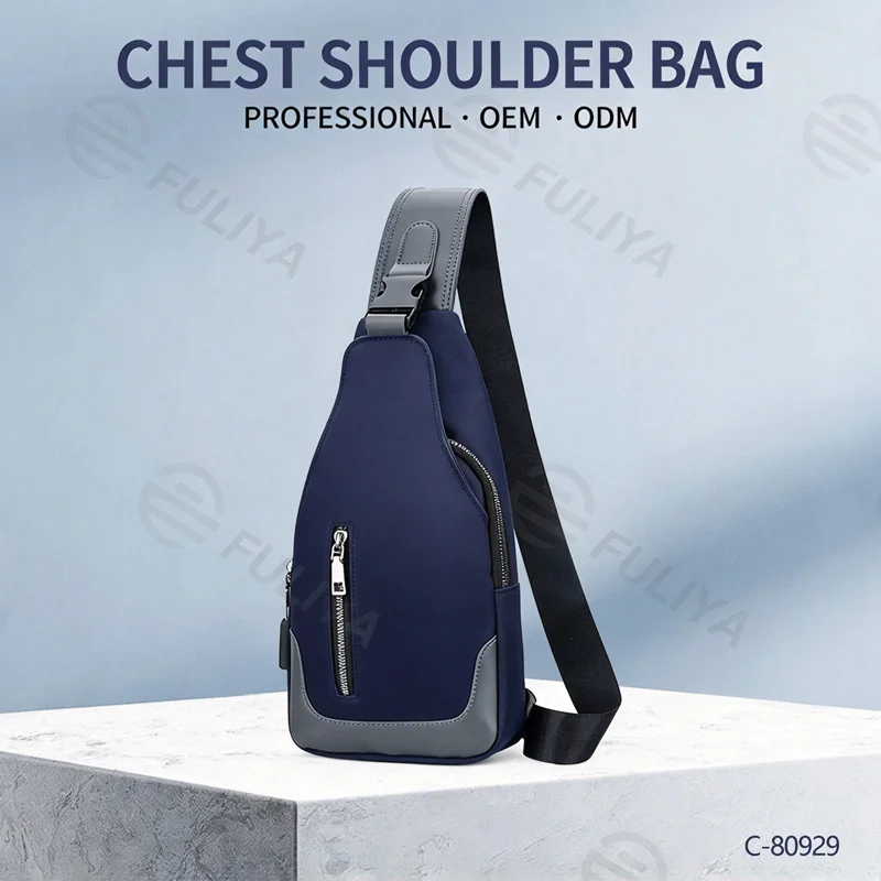 Guangzhou Fuliya Industry Co.,Ltd C-80929 Men's Oxford chest bag, minimalist business design, headphone hole, adjustable strap, hidden zipper pocket, and USB port - for commuting, daily use, and travel.
