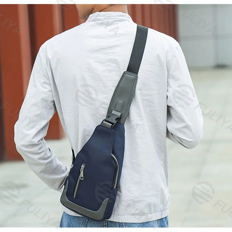 Guangzhou Fuliya Industry Co.,Ltd C-80929 Men's Oxford chest bag, minimalist business design, headphone hole, adjustable strap, hidden zipper pocket, and USB port - for commuting, daily use, and travel.