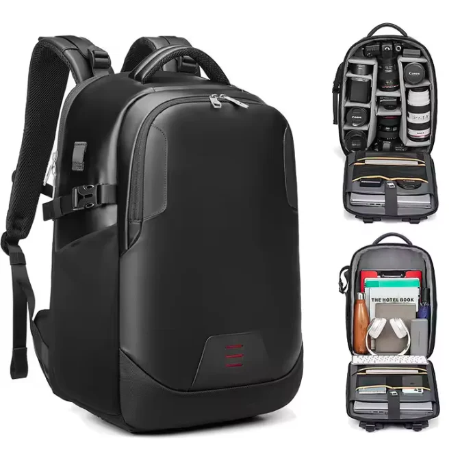 Guangzhou Fuliya Industry Co.,Ltd C-80930 Camera backpack, water-resistant, large capacity, camera compartment, laptop sleeve, removable padded dividers, rear anti-theft opening - for photography and casual use.