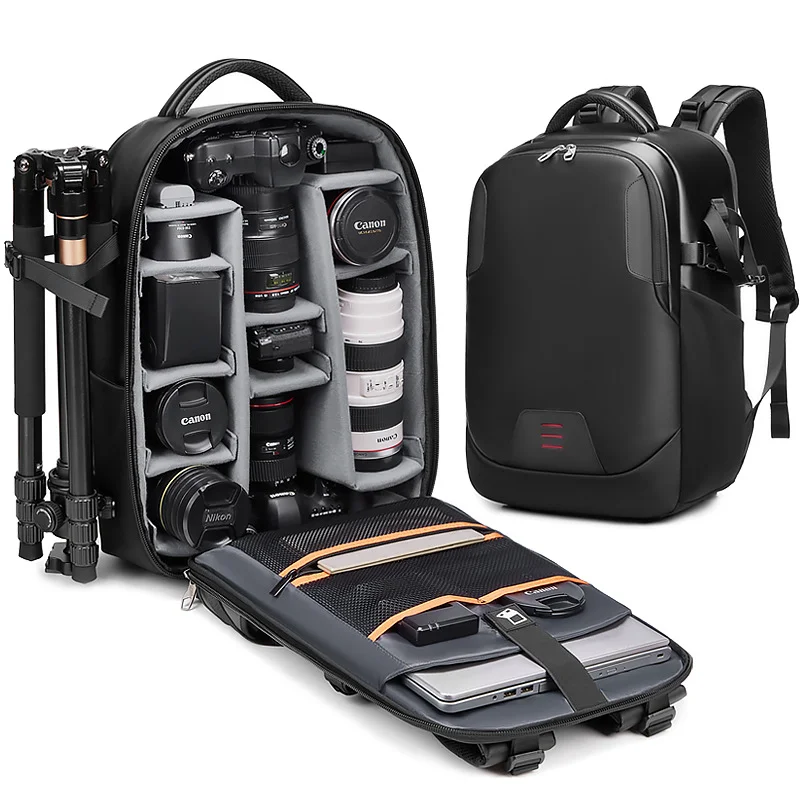 Guangzhou Fuliya Industry Co.,Ltd C-80930 Camera backpack, water-resistant, large capacity, camera compartment, laptop sleeve, removable padded dividers, rear anti-theft opening - for photography and casual use.