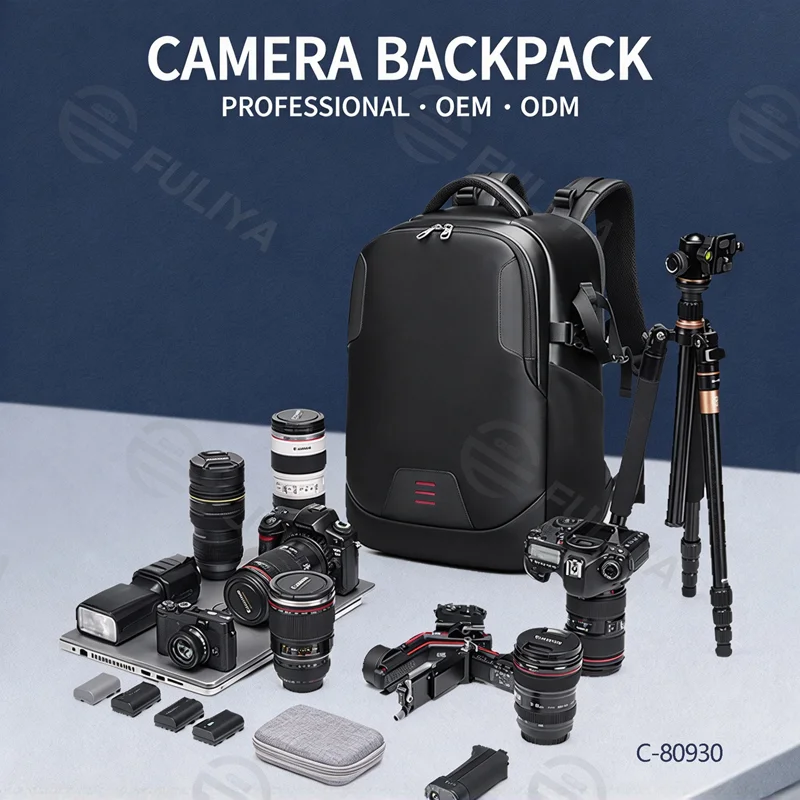 Guangzhou Fuliya Industry Co.,Ltd C-80930 Camera backpack, water-resistant, large capacity, camera compartment, laptop sleeve, removable padded dividers, rear anti-theft opening - for photography and casual use.
