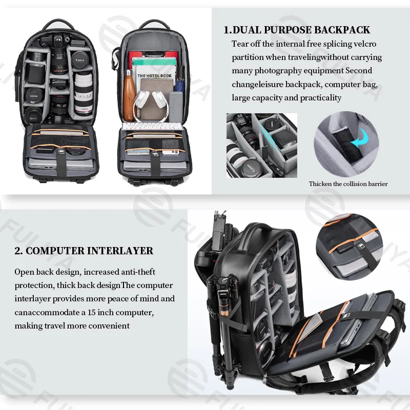 Guangzhou Fuliya Industry Co.,Ltd C-80930 Camera backpack, water-resistant, large capacity, camera compartment, laptop sleeve, removable padded dividers, rear anti-theft opening - for photography and casual use.