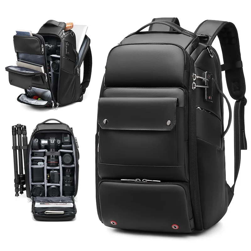 Guangzhou Fuliya Industry Co.,Ltd C-80931 Multi-functional camera backpack, dual-use for photography and casual carry, large capacity, laptop sleeve, combination lock, removable dividers, tripod attachment, and survival whistle - water-resistant.