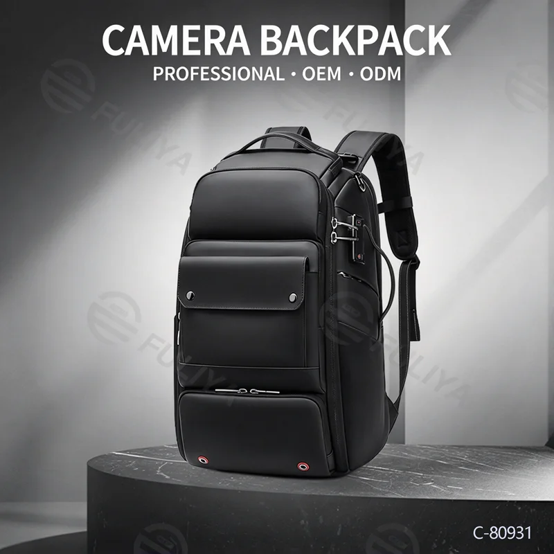 Guangzhou Fuliya Industry Co.,Ltd C-80931 Multi-functional camera backpack, dual-use for photography and casual carry, large capacity, laptop sleeve, combination lock, removable dividers, tripod attachment, and survival whistle - water-resistant.