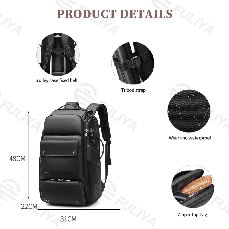 Guangzhou Fuliya Industry Co.,Ltd C-80931 Multi-functional camera backpack, dual-use for photography and casual carry, large capacity, laptop sleeve, combination lock, removable dividers, tripod attachment, and survival whistle - water-resistant.