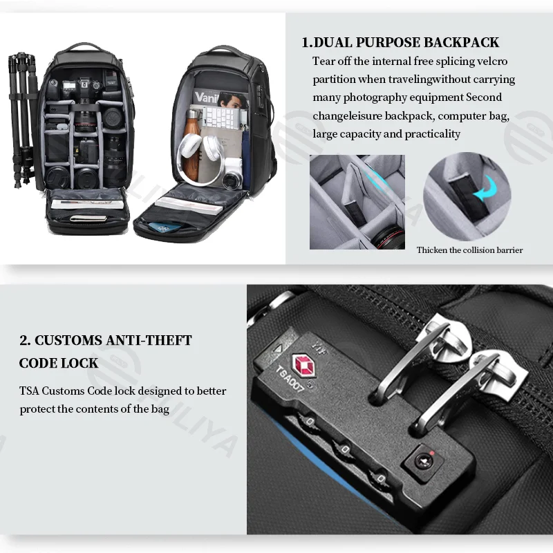 Guangzhou Fuliya Industry Co.,Ltd C-80931 Multi-functional camera backpack, dual-use for photography and casual carry, large capacity, laptop sleeve, combination lock, removable dividers, tripod attachment, and survival whistle - water-resistant.