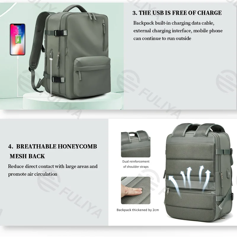 Guangzhou Fuliya Industry Co.,Ltd C-80933 Lightweight backpack, 23L expandable to 39L, 180° opening, large capacity for a 16" laptop and 5-7 days of gear, with shoe compartment, wet/dry pocket, USB port, 3D cushioning back pad, and luggage strap.