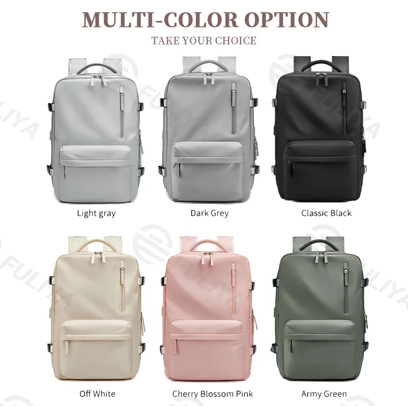 Guangzhou Fuliya Industry Co.,Ltd C-80933 Lightweight backpack, 23L expandable to 39L, 180° opening, large capacity for a 16" laptop and 5-7 days of gear, with shoe compartment, wet/dry pocket, USB port, 3D cushioning back pad, and luggage strap.