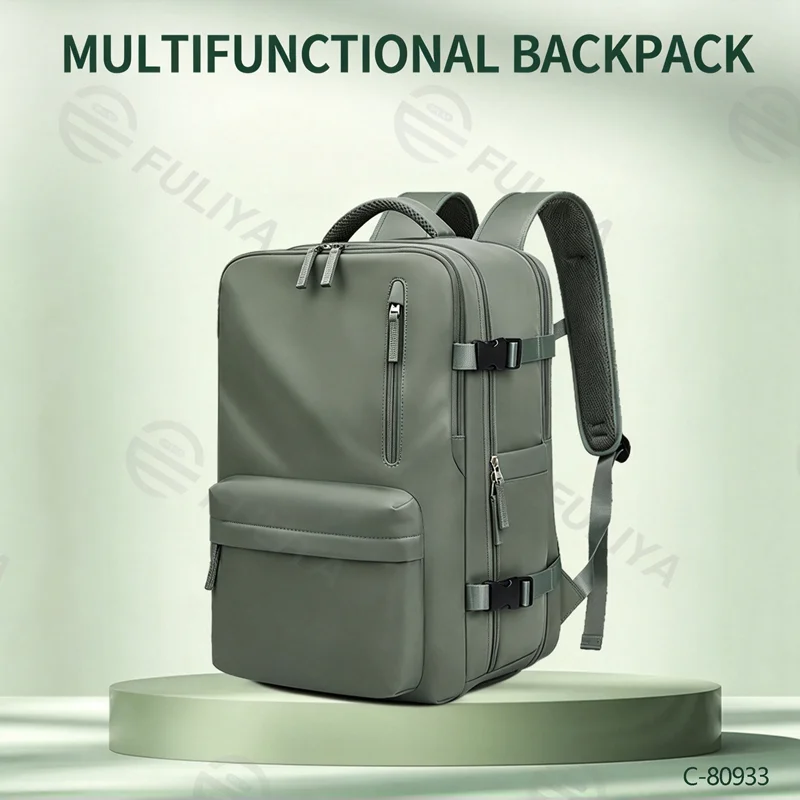 Guangzhou Fuliya Industry Co.,Ltd C-80933 Lightweight backpack, 23L expandable to 39L, 180° opening, large capacity for a 16" laptop and 5-7 days of gear, with shoe compartment, wet/dry pocket, USB port, 3D cushioning back pad, and luggage strap.