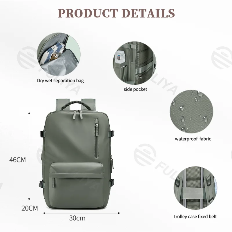 Guangzhou Fuliya Industry Co.,Ltd C-80933 Lightweight backpack, 23L expandable to 39L, 180° opening, large capacity for a 16" laptop and 5-7 days of gear, with shoe compartment, wet/dry pocket, USB port, 3D cushioning back pad, and luggage strap.