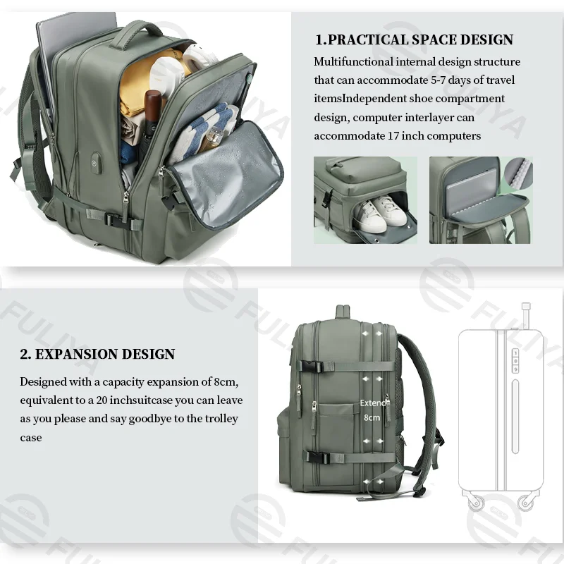 Guangzhou Fuliya Industry Co.,Ltd C-80933 Lightweight backpack, 23L expandable to 39L, 180° opening, large capacity for a 16" laptop and 5-7 days of gear, with shoe compartment, wet/dry pocket, USB port, 3D cushioning back pad, and luggage strap.