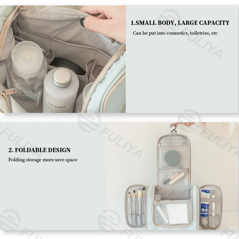 Guangzhou Fuliya Industry Co.,Ltd C-80934 Travel double-open toiletry bag, flap and hanging design saves space, large capacity, makeup brush pouch, mesh and side pockets, hook, lightweight and foldable - for travel and daily use.