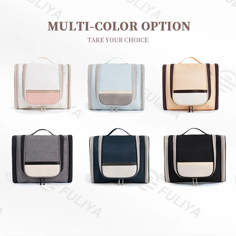 Guangzhou Fuliya Industry Co.,Ltd C-80934 Travel double-open toiletry bag, flap and hanging design saves space, large capacity, makeup brush pouch, mesh and side pockets, hook, lightweight and foldable - for travel and daily use.