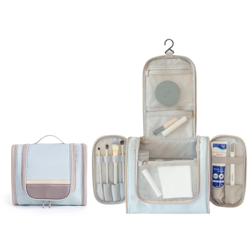 Guangzhou Fuliya Industry Co.,Ltd C-80934 Travel double-open toiletry bag, flap and hanging design saves space, large capacity, makeup brush pouch, mesh and side pockets, hook, lightweight and foldable - for travel and daily use.