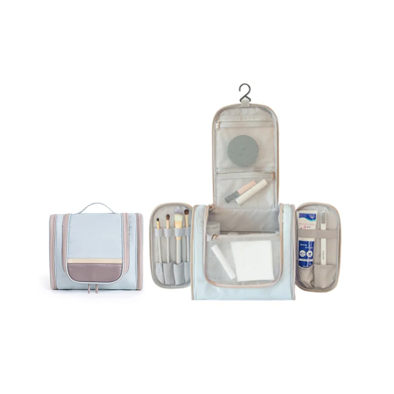 Guangzhou Fuliya Industry Co.,Ltd C-80934 Travel double-open toiletry bag, flap and hanging design saves space, large capacity, makeup brush pouch, mesh and side pockets, hook, lightweight and foldable - for travel and daily use.
