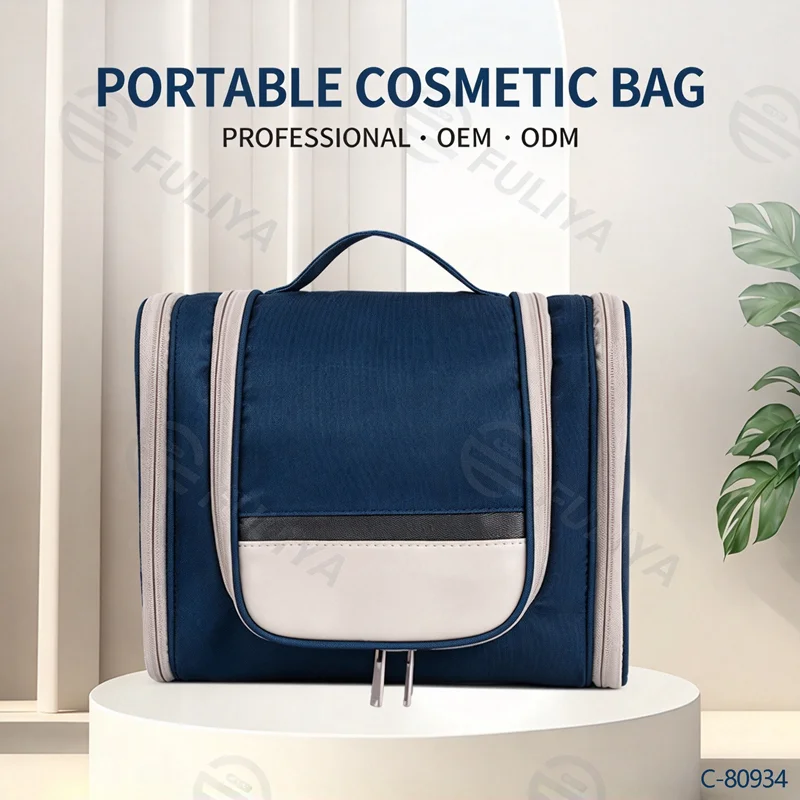 Guangzhou Fuliya Industry Co.,Ltd C-80934 Travel double-open toiletry bag, flap and hanging design saves space, large capacity, makeup brush pouch, mesh and side pockets, hook, lightweight and foldable - for travel and daily use.