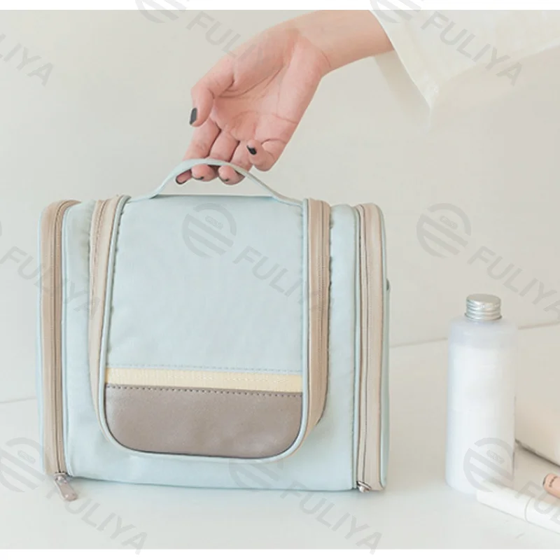Guangzhou Fuliya Industry Co.,Ltd C-80934 Travel double-open toiletry bag, flap and hanging design saves space, large capacity, makeup brush pouch, mesh and side pockets, hook, lightweight and foldable - for travel and daily use.