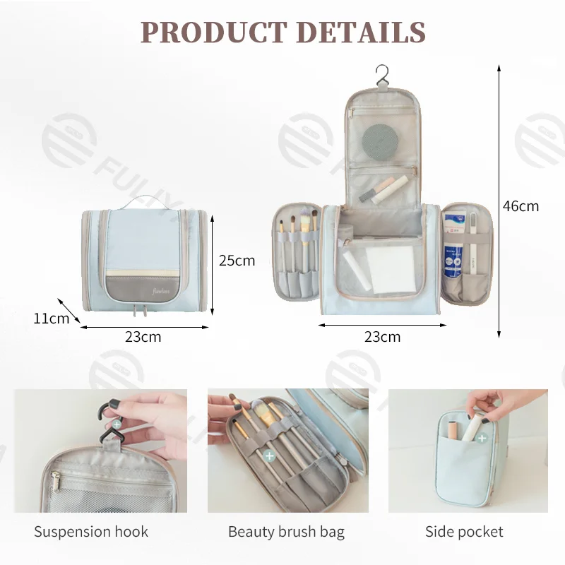 Guangzhou Fuliya Industry Co.,Ltd C-80934 Travel double-open toiletry bag, flap and hanging design saves space, large capacity, makeup brush pouch, mesh and side pockets, hook, lightweight and foldable - for travel and daily use.