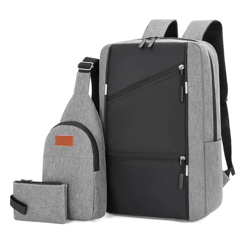 Guangzhou Fuliya Industry Co.,Ltd C-80938 Stylish spliced backpack with a convenient charging port. Features a laptop compartment, multi-zipper pockets, and large-capacity storage. Suitable for business, commuting, students, and travel.