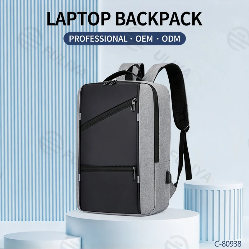 Guangzhou Fuliya Industry Co.,Ltd C-80938 Stylish spliced backpack with a convenient charging port. Features a laptop compartment, multi-zipper pockets, and large-capacity storage. Suitable for business, commuting, students, and travel.