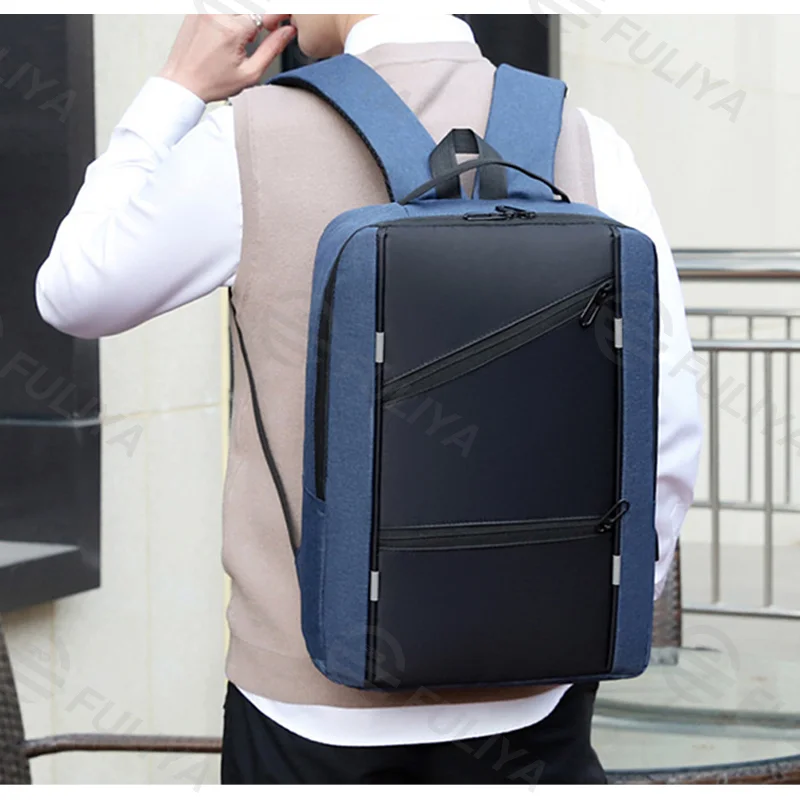 Guangzhou Fuliya Industry Co.,Ltd C-80938 Stylish spliced backpack with a convenient charging port. Features a laptop compartment, multi-zipper pockets, and large-capacity storage. Suitable for business, commuting, students, and travel.