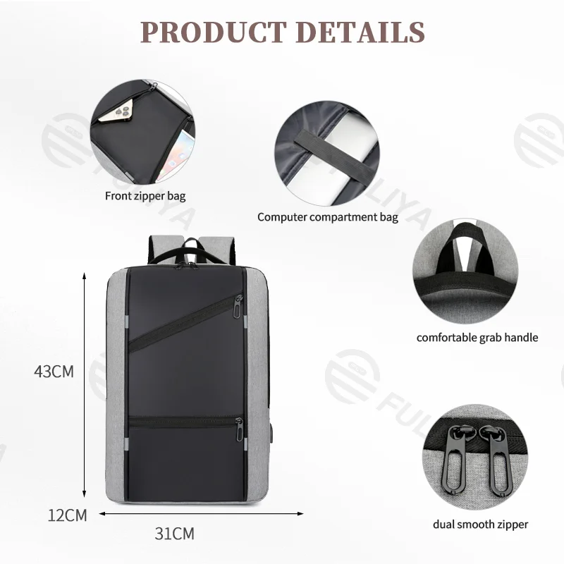 Guangzhou Fuliya Industry Co.,Ltd C-80938 Stylish spliced backpack with a convenient charging port. Features a laptop compartment, multi-zipper pockets, and large-capacity storage. Suitable for business, commuting, students, and travel.