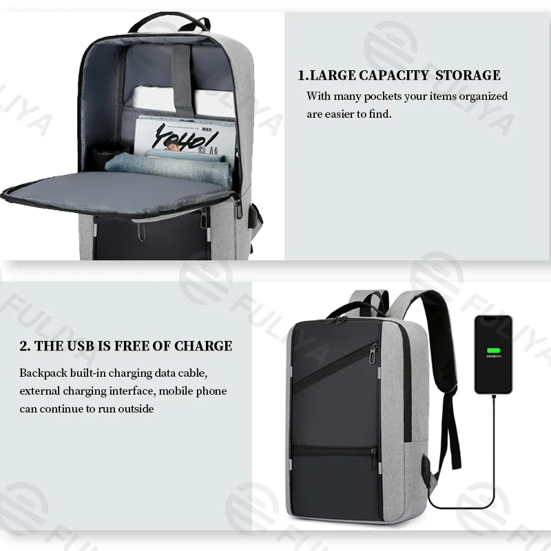 Guangzhou Fuliya Industry Co.,Ltd C-80938 Stylish spliced backpack with a convenient charging port. Features a laptop compartment, multi-zipper pockets, and large-capacity storage. Suitable for business, commuting, students, and travel.