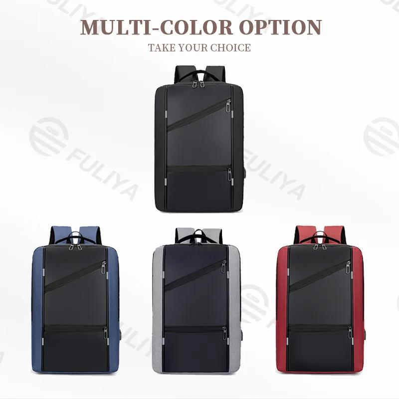 Guangzhou Fuliya Industry Co.,Ltd C-80938 Stylish spliced backpack with a convenient charging port. Features a laptop compartment, multi-zipper pockets, and large-capacity storage. Suitable for business, commuting, students, and travel.