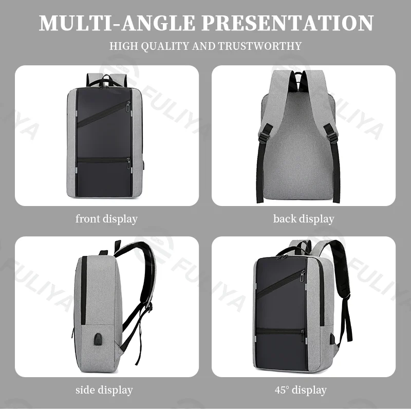 Guangzhou Fuliya Industry Co.,Ltd C-80938 Stylish spliced backpack with a convenient charging port. Features a laptop compartment, multi-zipper pockets, and large-capacity storage. Suitable for business, commuting, students, and travel.