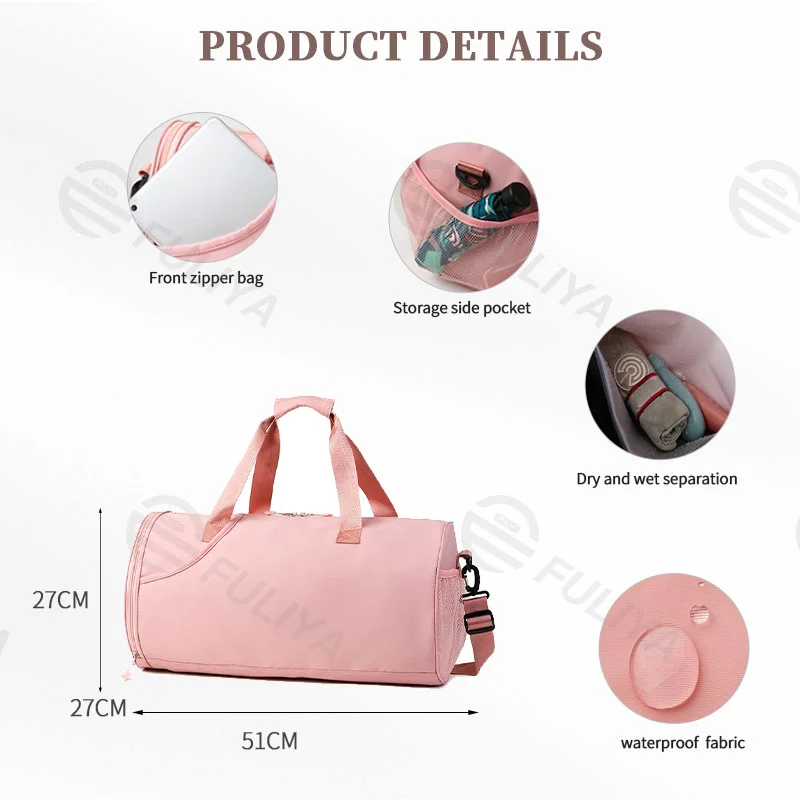 Guangzhou Fuliya Industry Co.,Ltd C-80939 Dry-wet travel duffel with shoe compartment, front zip pocket, and trolley belt. Waterproof, large capacity. For gym, sports, and weekend trips.