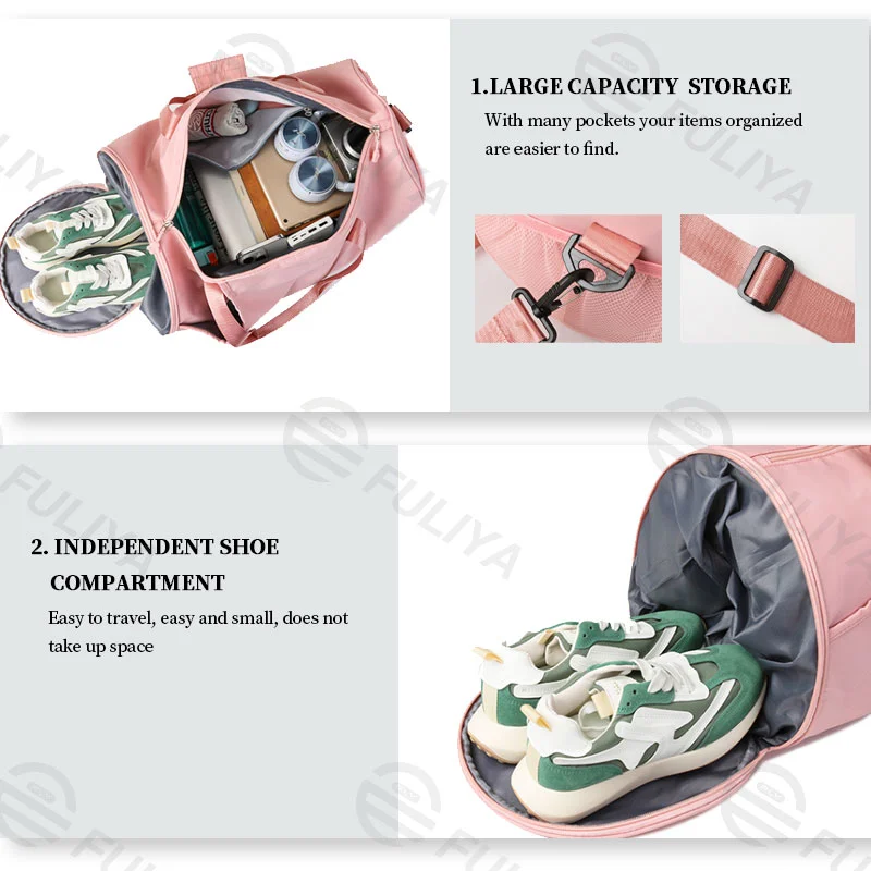 Guangzhou Fuliya Industry Co.,Ltd C-80939 Dry-wet travel duffel with shoe compartment, front zip pocket, and trolley belt. Waterproof, large capacity. For gym, sports, and weekend trips.