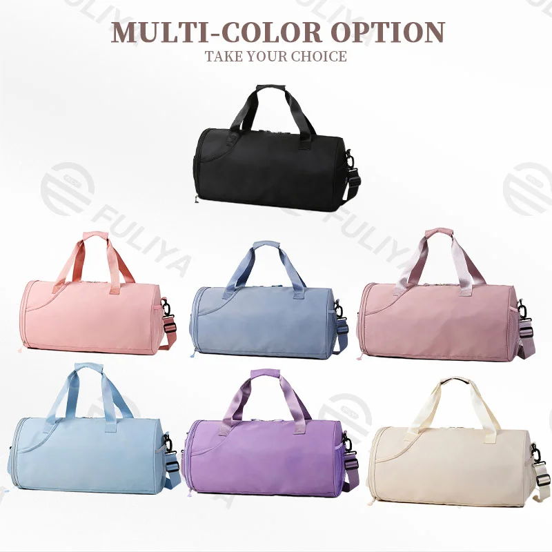 Guangzhou Fuliya Industry Co.,Ltd C-80939 Dry-wet travel duffel with shoe compartment, front zip pocket, and trolley belt. Waterproof, large capacity. For gym, sports, and weekend trips.