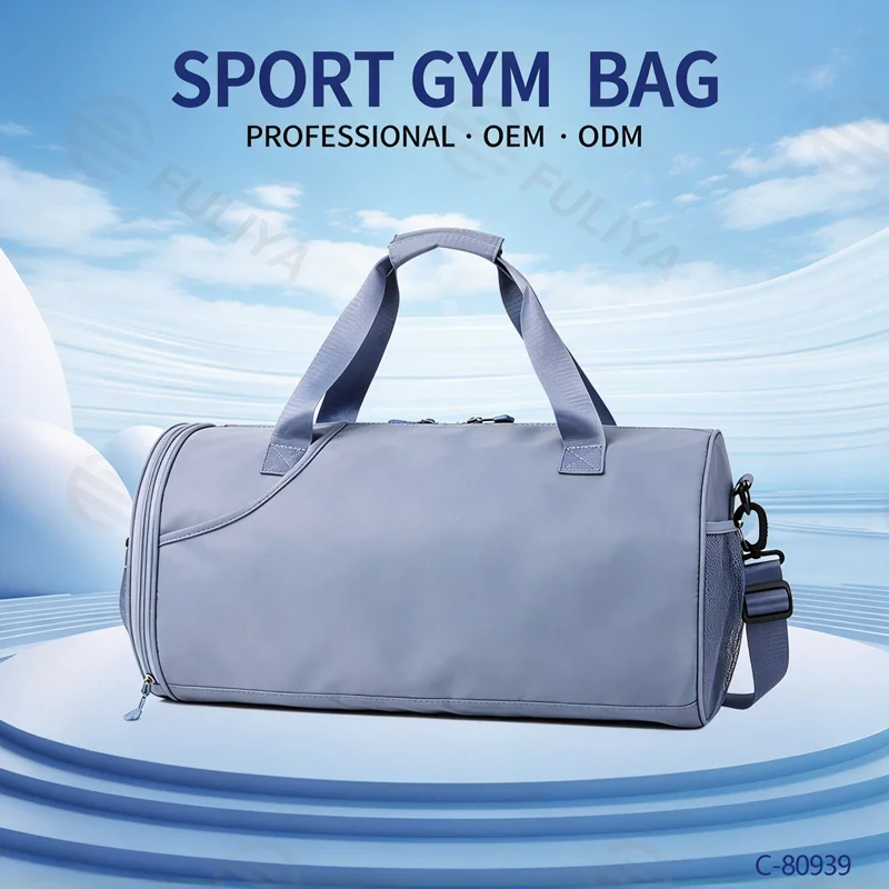 Guangzhou Fuliya Industry Co.,Ltd C-80939 Dry-wet travel duffel with shoe compartment, front zip pocket, and trolley belt. Waterproof, large capacity. For gym, sports, and weekend trips.