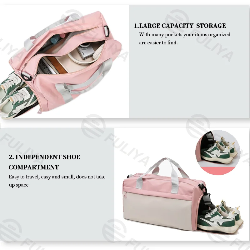 Guangzhou Fuliya Industry Co.,Ltd C-80940 Pink waterproof training travel bag with shoe compartment, front zip pocket, and trolley belt. Dry-wet separation, large capacity. For women's fitness, sports, and travel.