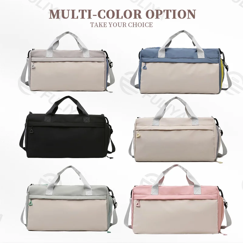 Guangzhou Fuliya Industry Co.,Ltd C-80940 Pink waterproof training travel bag with shoe compartment, front zip pocket, and trolley belt. Dry-wet separation, large capacity. For women's fitness, sports, and travel.