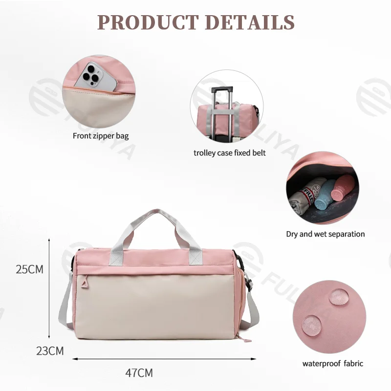 Guangzhou Fuliya Industry Co.,Ltd C-80940 Pink waterproof training travel bag with shoe compartment, front zip pocket, and trolley belt. Dry-wet separation, large capacity. For women's fitness, sports, and travel.