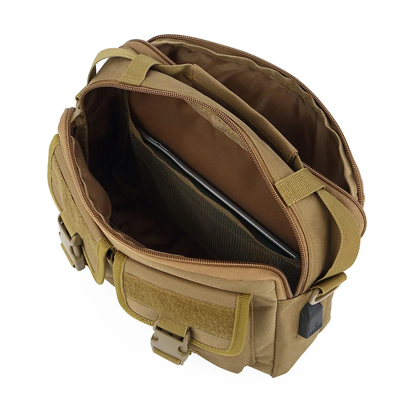 Guangzhou Fuliya Industry Co.,Ltd C-80941 Camouflage tactical messenger bag with detachable hooks and external USB charging port. 3-way carry (shoulder/crossbody/hand). For outdoor and daily commute.