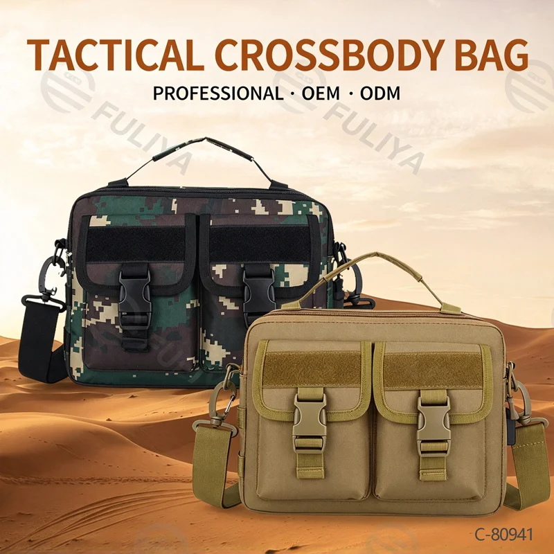 Guangzhou Fuliya Industry Co.,Ltd C-80941 Camouflage tactical messenger bag with detachable hooks and external USB charging port. 3-way carry (shoulder/crossbody/hand). For outdoor and daily commute.