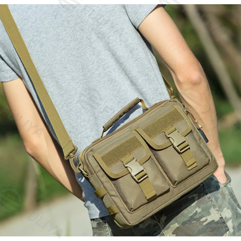 Guangzhou Fuliya Industry Co.,Ltd C-80941 Camouflage tactical messenger bag with detachable hooks and external USB charging port. 3-way carry (shoulder/crossbody/hand). For outdoor and daily commute.