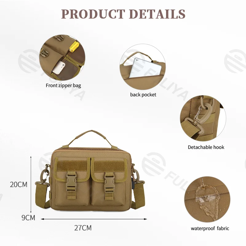 Guangzhou Fuliya Industry Co.,Ltd C-80941 Camouflage tactical messenger bag with detachable hooks and external USB charging port. 3-way carry (shoulder/crossbody/hand). For outdoor and daily commute.