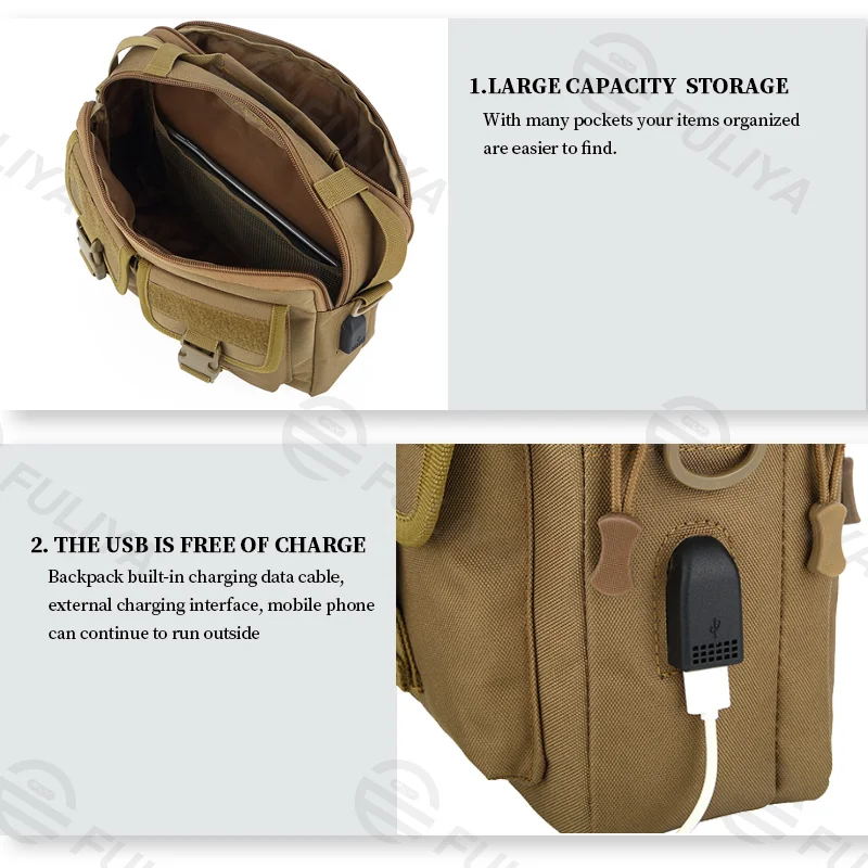 Guangzhou Fuliya Industry Co.,Ltd C-80941 Camouflage tactical messenger bag with detachable hooks and external USB charging port. 3-way carry (shoulder/crossbody/hand). For outdoor and daily commute.