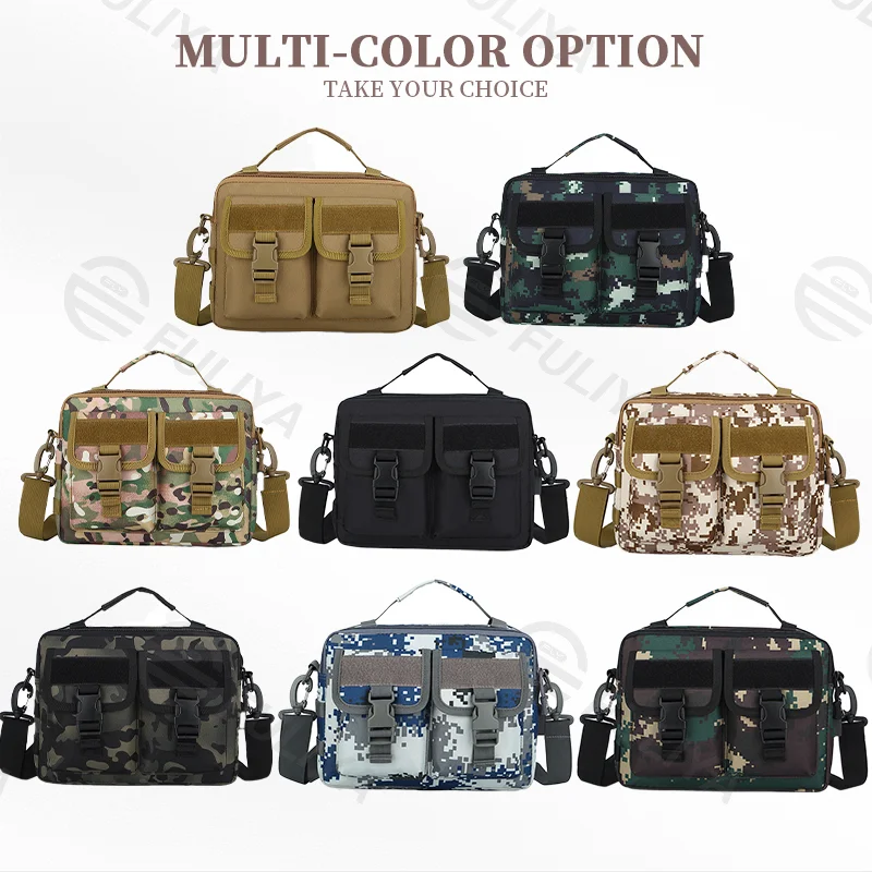 Guangzhou Fuliya Industry Co.,Ltd C-80941 Camouflage tactical messenger bag with detachable hooks and external USB charging port. 3-way carry (shoulder/crossbody/hand). For outdoor and daily commute.