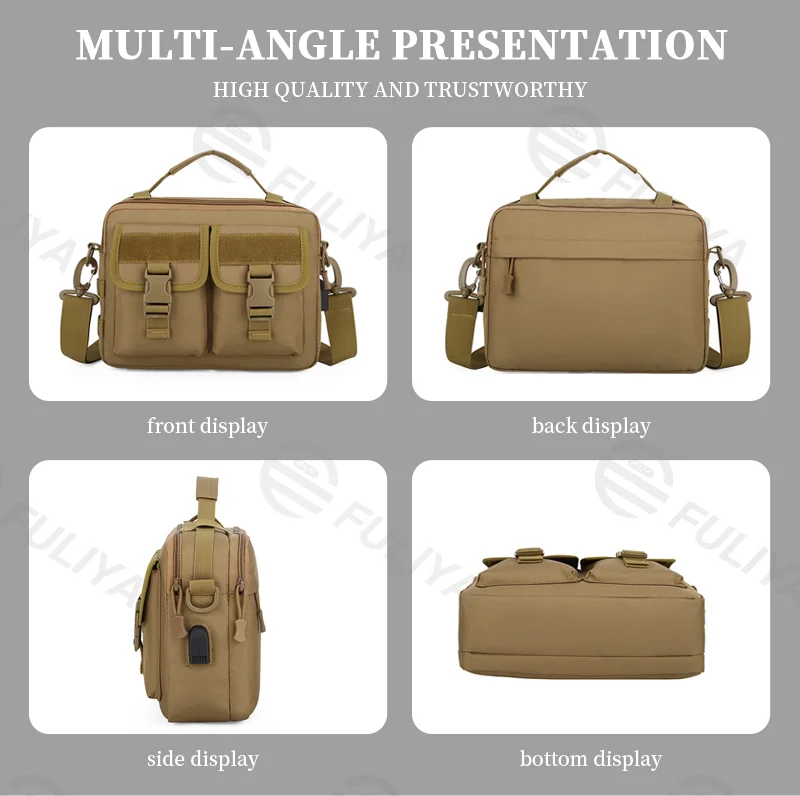 Guangzhou Fuliya Industry Co.,Ltd C-80941 Camouflage tactical messenger bag with detachable hooks and external USB charging port. 3-way carry (shoulder/crossbody/hand). For outdoor and daily commute.