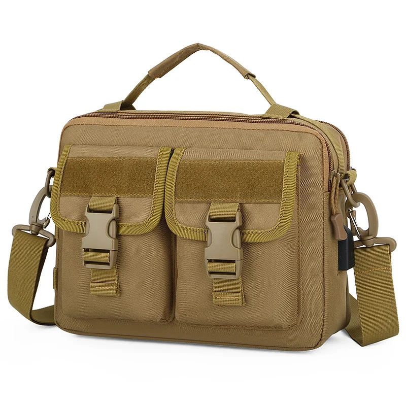 Guangzhou Fuliya Industry Co.,Ltd C-80941 Camouflage tactical messenger bag with detachable hooks and external USB charging port. 3-way carry (shoulder/crossbody/hand). For outdoor and daily commute.