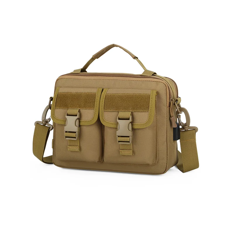 Guangzhou Fuliya Industry Co.,Ltd C-80941 Camouflage tactical messenger bag with detachable hooks and external USB charging port. 3-way carry (shoulder/crossbody/hand). For outdoor and daily commute.