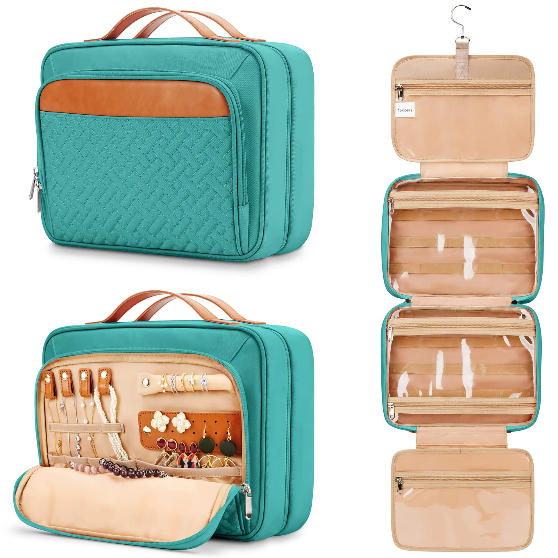 Guangzhou Fuliya Industry Co.,Ltd C-80942  Multi-color hanging toiletry bag, extra-large capacity for full-size bottles. Removable clear pocket and 360° hook. For travel, business trips, and daily use.
