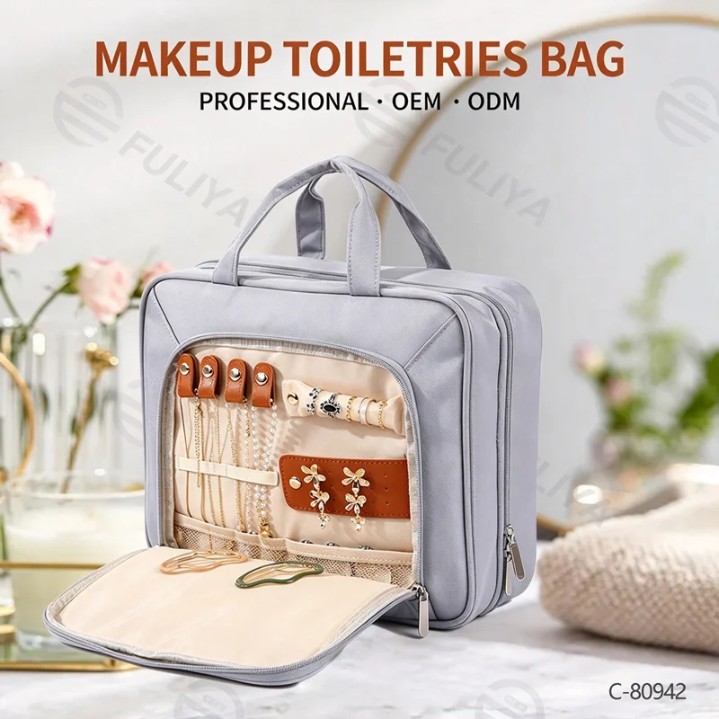 Guangzhou Fuliya Industry Co.,Ltd C-80942  Multi-color hanging toiletry bag, extra-large capacity for full-size bottles. Removable clear pocket and 360° hook. For travel, business trips, and daily use.