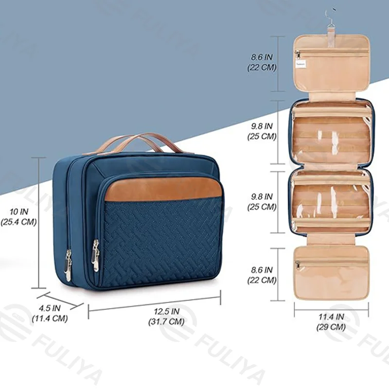 Guangzhou Fuliya Industry Co.,Ltd C-80942  Multi-color hanging toiletry bag, extra-large capacity for full-size bottles. Removable clear pocket and 360° hook. For travel, business trips, and daily use.
