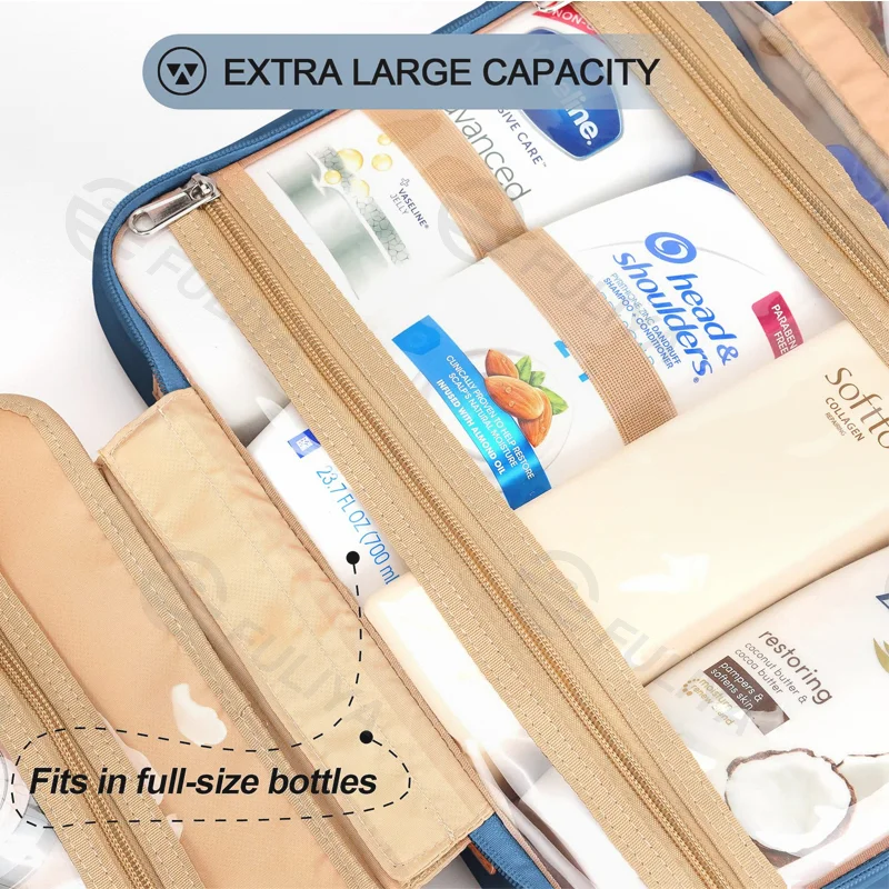 Guangzhou Fuliya Industry Co.,Ltd C-80942  Multi-color hanging toiletry bag, extra-large capacity for full-size bottles. Removable clear pocket and 360° hook. For travel, business trips, and daily use.