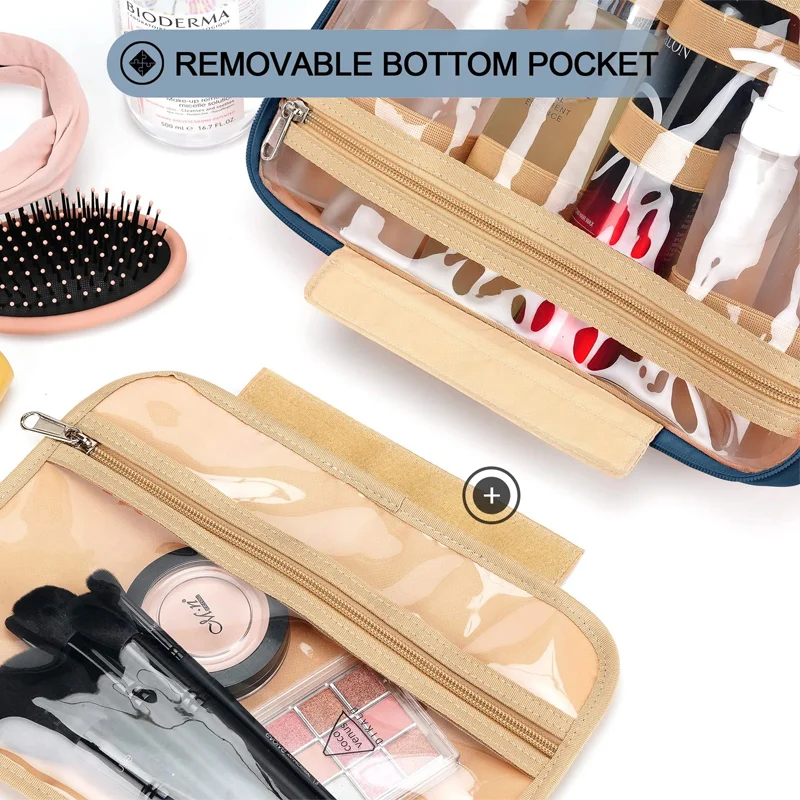Guangzhou Fuliya Industry Co.,Ltd C-80942  Multi-color hanging toiletry bag, extra-large capacity for full-size bottles. Removable clear pocket and 360° hook. For travel, business trips, and daily use.